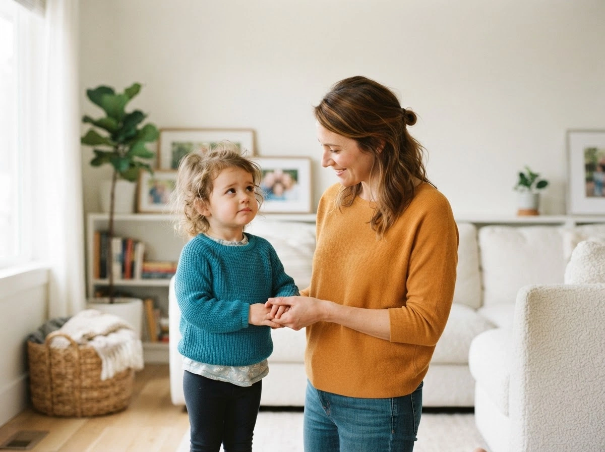 Bambino piccolo che tiene la mano di un genitore, espressione lievemente preoccupata ma rassicurata