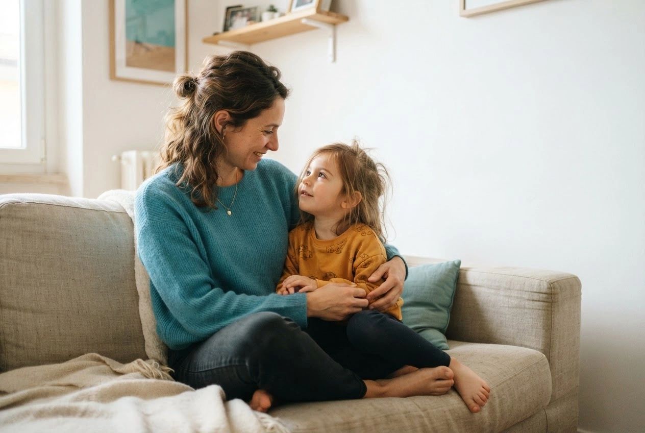 Genitore e bambino piccolo seduti insieme sul divano, momento di dialogo sereno durante la separazione