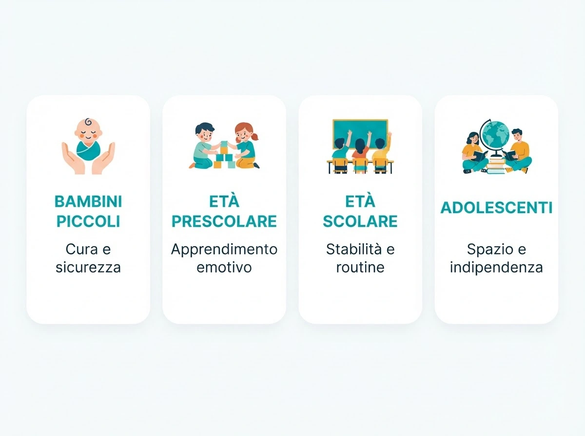 Infografica: le 4 fasce d'età dei figli (piccoli, prescolare, scolare, adolescenti) e il bisogno chiave per ciascuna durante la separazione